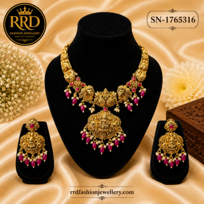 Antique Lakshmi Temple Necklace Set with Pink Beads & Matching Earrings | SN-1765316