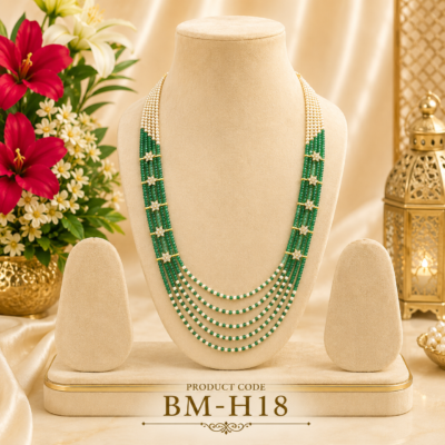Premium Emerald Green Multi-Layer Beaded Long Haram Necklace with Crystal Star Connectors – BM-H18