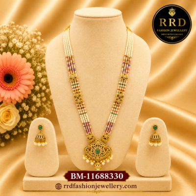 Premium Multicolor Five-Layer Pearl Beads Mala Necklace Set with Green Stone Pendant – BM-11688330