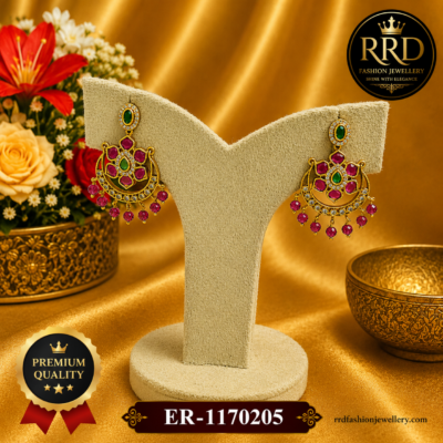 Premium Floral Chandbali Ruby Green Stone Drop Earrings – ER-1170205