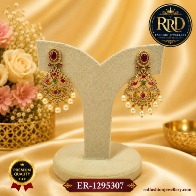 Premium Antique Gold CZ Peacock Chandbali Earrings with Pearl Drops – ER-1295307
