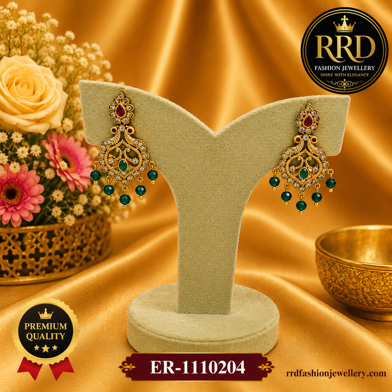 Premium American Diamond Green Beads Designer Chandbali Earrings for Women – ER-1110204