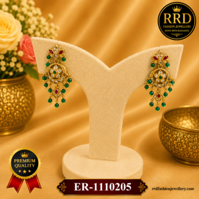 Traditional Floral Chandbali Earrings with Green Bead Drops – Antique Gold Finish | ER-1110205
