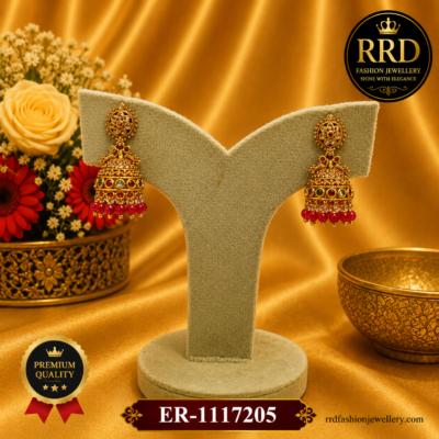 Premium Antique Temple Jhumka Earrings with Ruby Bead Drops – ER-1117205