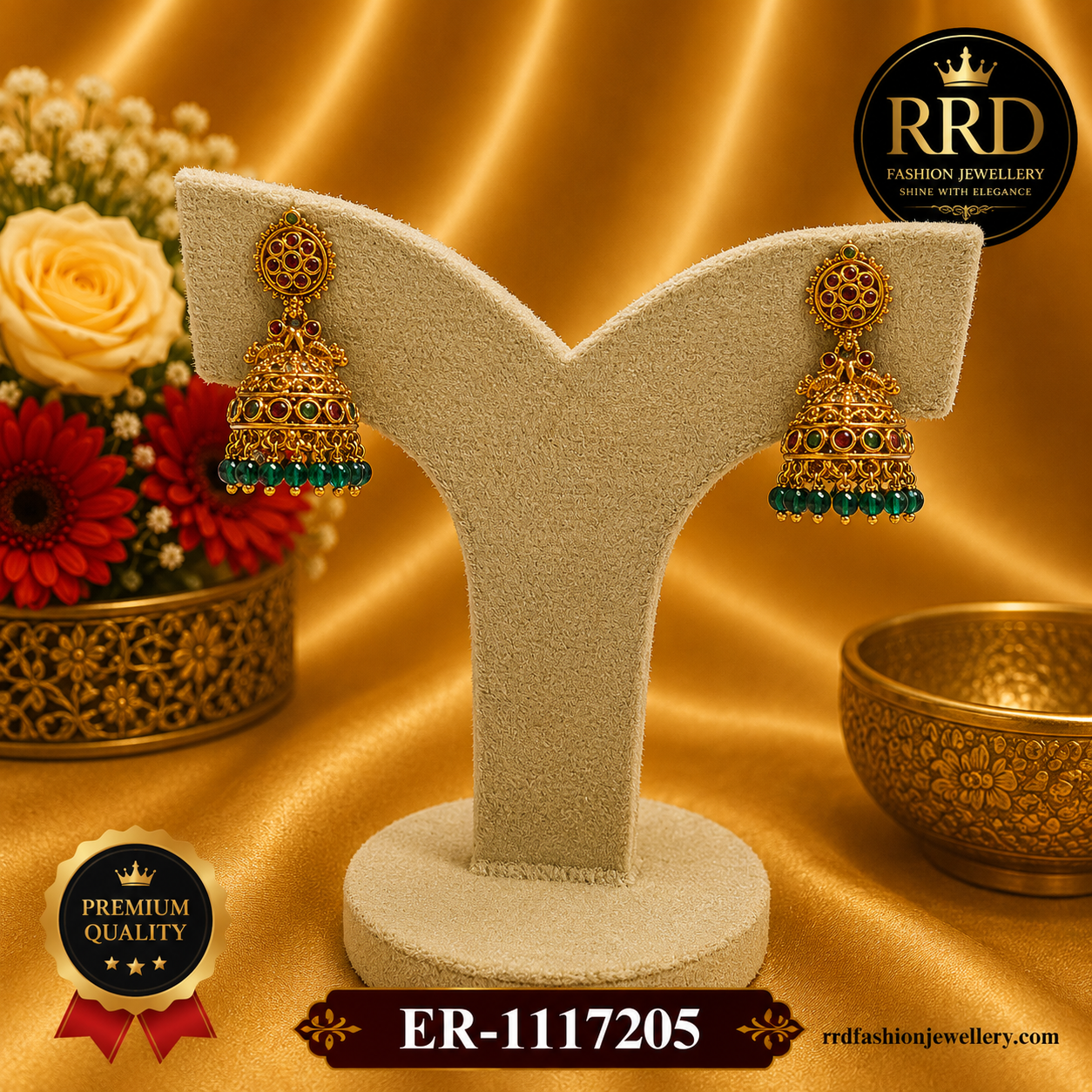 Premium Antique Temple Green Bead Jhumka Earrings – ER-1117205