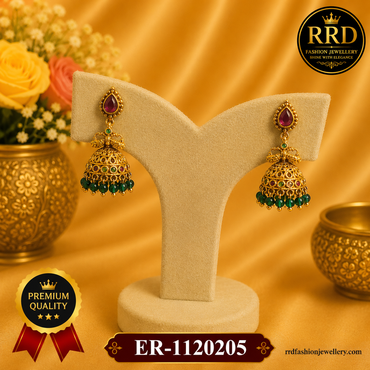 Traditional Antique Gold Filigree Jhumka Earrings with Green Bead Drops – ER-1120205