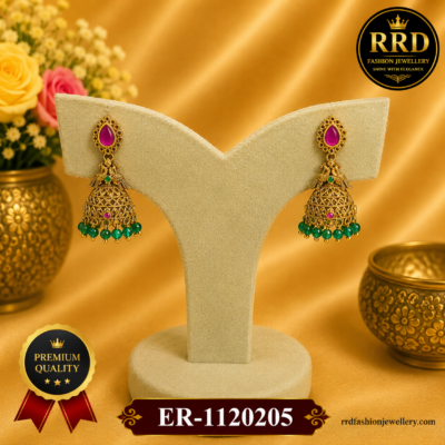 Traditional Antique Peacock Jhumka Earrings with Green Bead Drops – ER-1120205