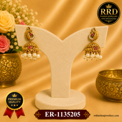 Traditional Peacock Jhumka Earrings for Women – Antique Gold Finish with Pearl Drops | ER-1135205