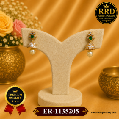 Premium American Diamond Pearl Dome Jhumka Earrings with Emerald Green Stone – ER-1135205