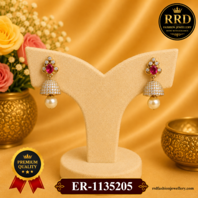 Premium American Diamond Pearl Dome Jhumka Earrings with Ruby Stone – ER-1135205