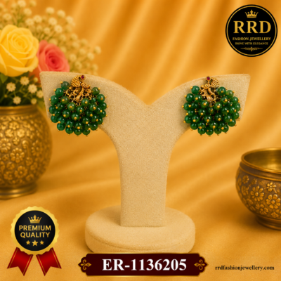 Traditional Peacock Green Bead Cluster Earrings – Antique Gold Designer Ethnic Earrings | ER-1136205