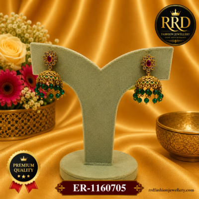 Premium Antique Gold Jhumka Earrings with Ruby AD Studs & Emerald Green Crystal Beads – ER-1160705