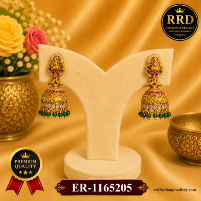 Traditional Lakshmi Temple Jhumka Earrings with Green Beads – Antique Gold Finish | ER-1165205