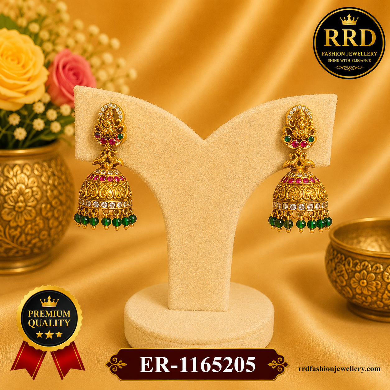 Traditional Lakshmi Temple Jhumka Earrings with Green Beads – Antique Gold Finish | ER-1165205