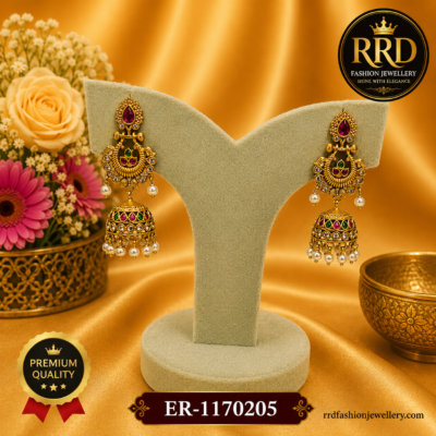 Premium Traditional Peacock Kemp Jhumka Earrings with AD Stones, Ruby Green Stones & Pearl Drops – ER-1170205