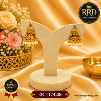 Premium Temple Jhumka Earrings with Pearl Drops – Antique Gold Finish – ER-1174206