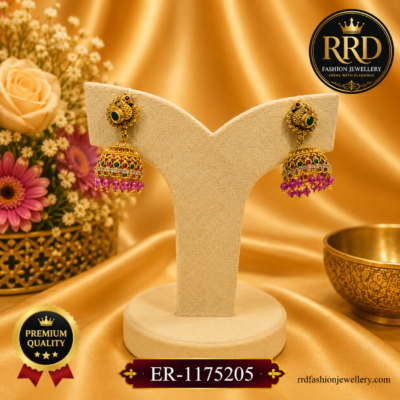 Premium Peacock Design Pink Beads Temple Jhumka Earrings for Women – ER-1175205