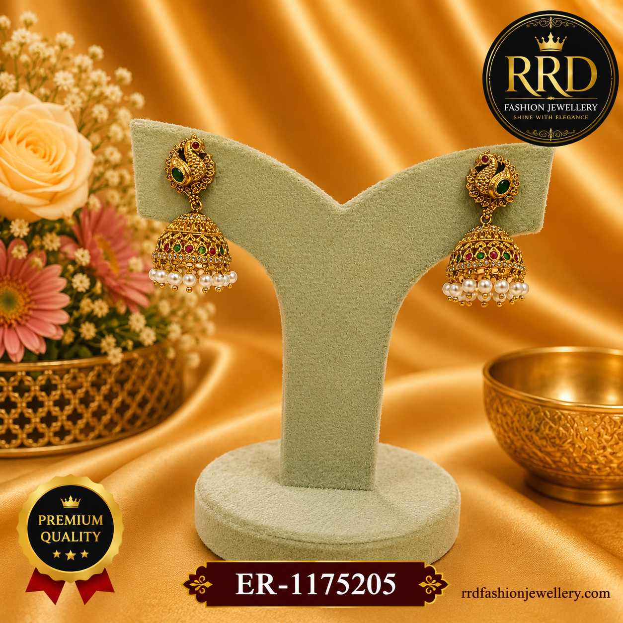 Premium Peacock Design Pearl Drop Temple Jhumka Earrings for Women – ER-1175205