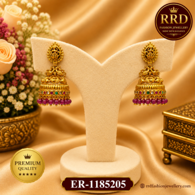 Premium Lakshmi Peacock Temple Jhumka Earrings with Ruby Bead Drops – ER-1185205