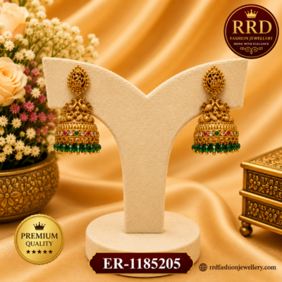 Premium Lakshmi Peacock Temple Jhumka Earrings with Emerald Green Bead Drops – ER-1185205