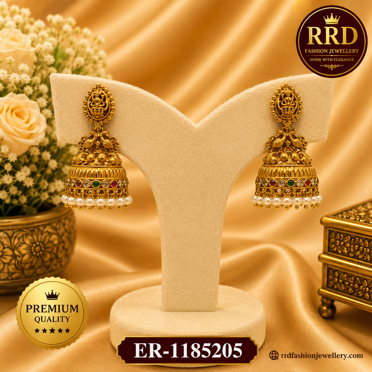 Premium Lakshmi Peacock Temple Jhumka Earrings with Pearl Drops – ER-1185205