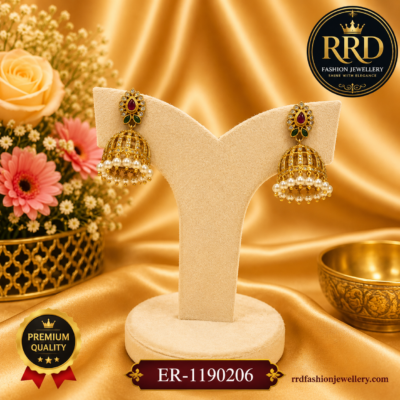 Premium CZ Pearl Dome Jhumka Earrings – Antique Gold Finish – ER-1190206