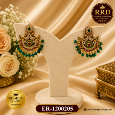 Premium Peacock Chandbali Earrings with Emerald Green Bead Drops – ER-1200205