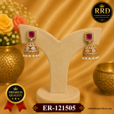 Premium American Diamond Ruby Pearl Jhumka Earrings – Gold Finish | ER-121505