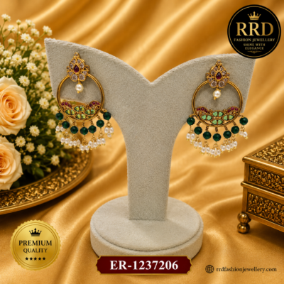Premium Ruby Green Chandbali Hoop Earrings with Pearl Drops – ER-1237206