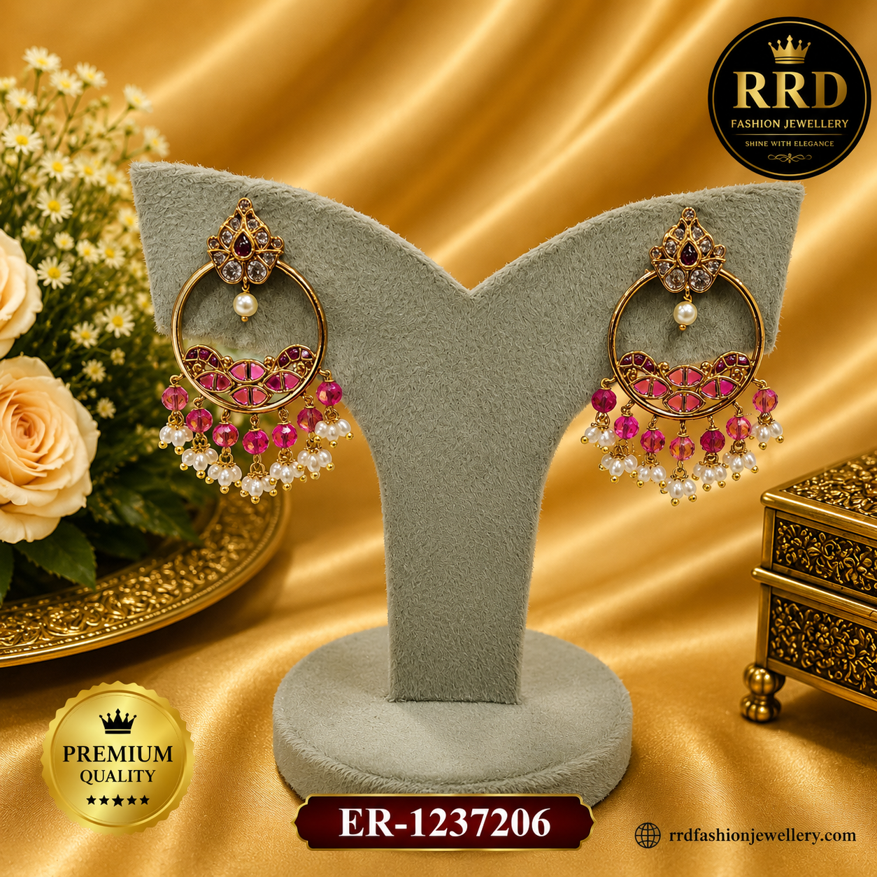 Premium Pink Stone Chandbali Hoop Earrings with Crystal Beads & Pearl Tassels – ER-1237206