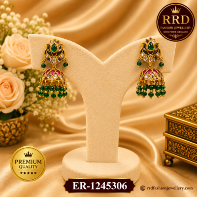Premium Lotus Kundan Jhumka Earrings with Green Bead Drops – ER-1245306
