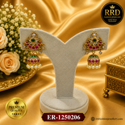 Premium Floral Crescent Jhumka Earrings with Kundan Stones & Pearl Drops for Women – ER-1250206