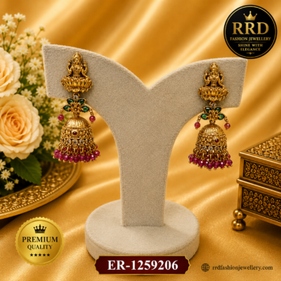 Premium Lakshmi Temple Jhumka Earrings with Ruby Bead Drops – ER-1259206
