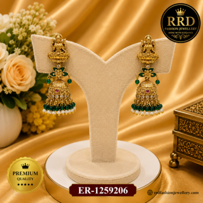 Premium Lakshmi Temple Jhumka Earrings with Emerald Green Bead Drops – ER-1259206