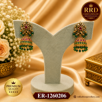 Premium Floral Kundan Jhumka Earrings with Emerald Green Bead Drops – ER-1260206