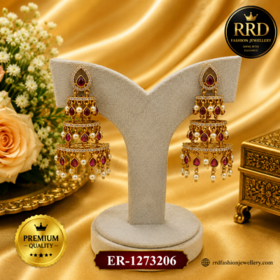 Premium Three Layer Ruby Pearl Bridal Jhumka Earrings for Women – ER-1273206