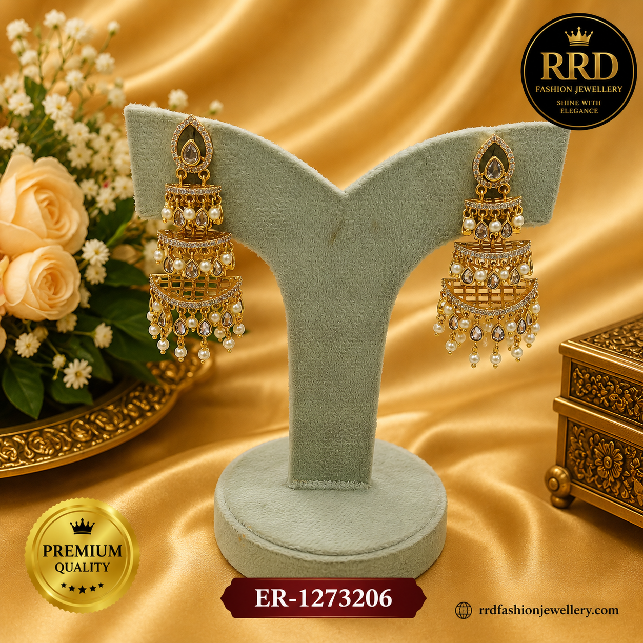 Premium Three Layer Kundan Pearl Bridal Chandbali Earrings for Women – ER-1273206