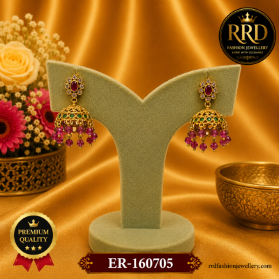 Premium Antique Gold Ruby Green Crystal Bead Jhumka Earrings – ER-160705