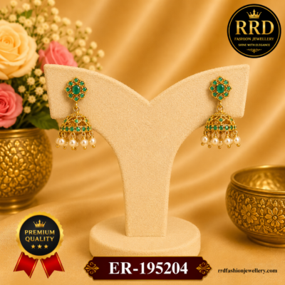 Traditional Green Stone Pearl Jhumka Earrings for Women – Antique Gold Finish | ER-195204