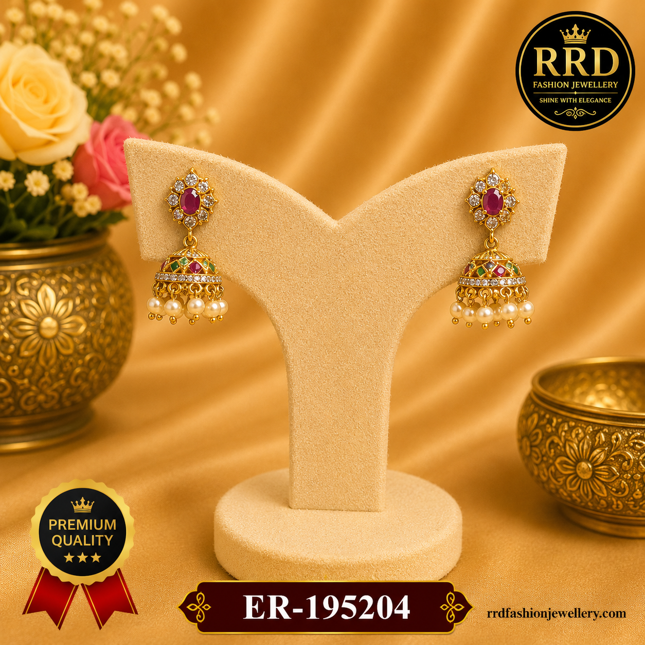 Traditional Multicolor Stone Pearl Jhumka Earrings for Women – Antique Gold Finish | ER-195204
