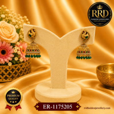 Premium Peacock Design Green Beads Temple Jhumka Earrings for Women – ER-1175205
